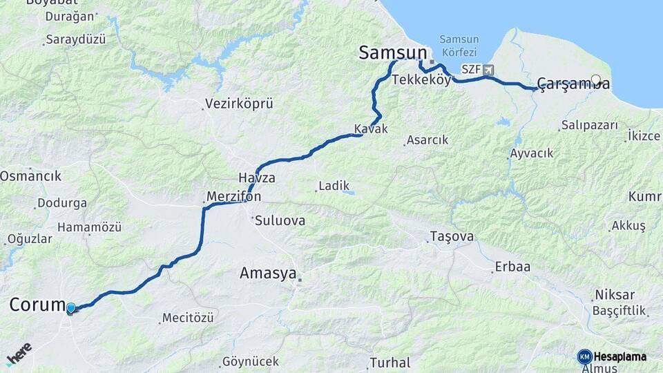 Çorum Terme Samsun Arası Kaç Km - Yol Haritası