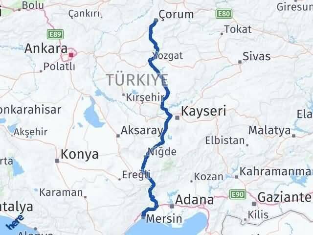 Çorum Toroslar Mersin Arası Kaç Km - Yol Haritası