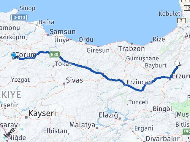 Çorum Tortum Erzurum Arası Kaç Km - Yol Haritası