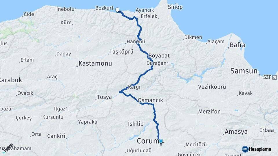 Çorum Türkeli Sinop Arası Kaç Km - Yol Haritası