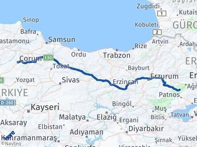 Çorum Tutak Ağrı Arası Kaç Km - Yol Haritası