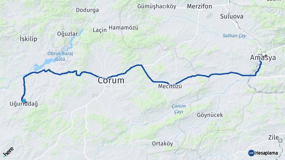 Çorum Uğurludağ Amasya Arası Kaç Km - Yol Haritası