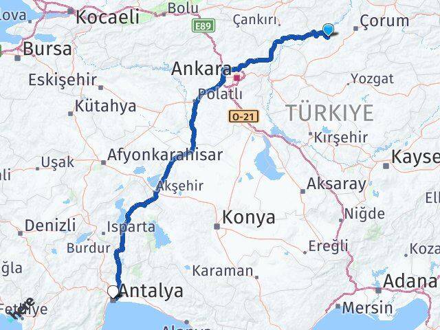 Çorum Uğurludağ Antalya Arası Kaç Km - Yol Haritası