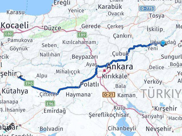 Çorum Uğurludağ Eskişehir Arası Kaç Km - Yol Haritası