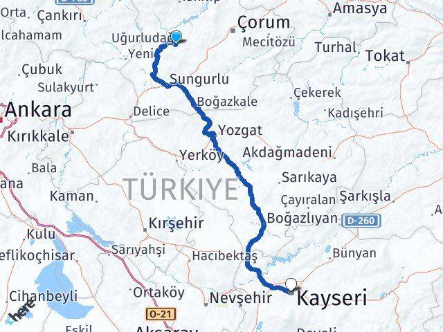 Çorum Uğurludağ Kayseri Arası Kaç Km - Yol Haritası