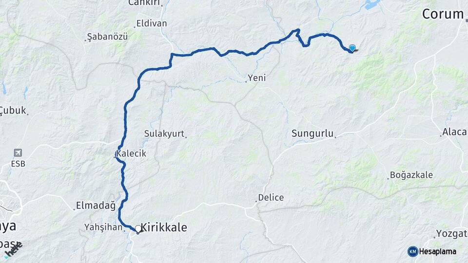 Çorum Uğurludağ Kırıkkale Arası Kaç Km - Yol Haritası