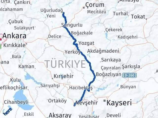 Çorum Uğurludağ Nevşehir Arası Kaç Km - Yol Haritası