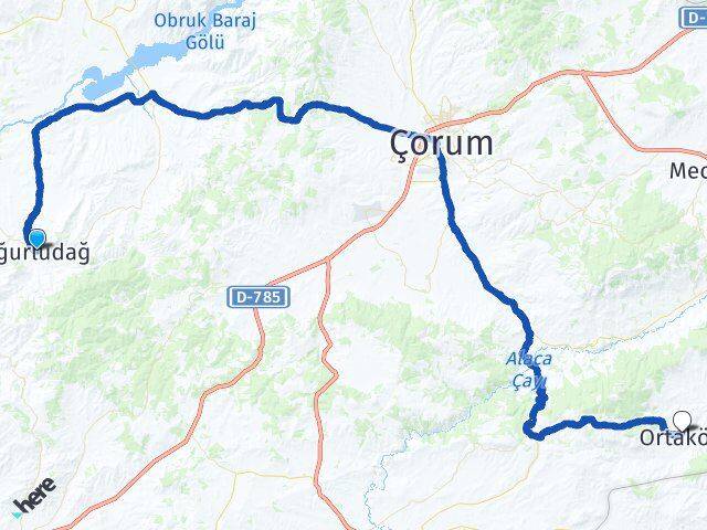 Çorum Uğurludağ Ortaköy Arası Kaç Km - Yol Haritası