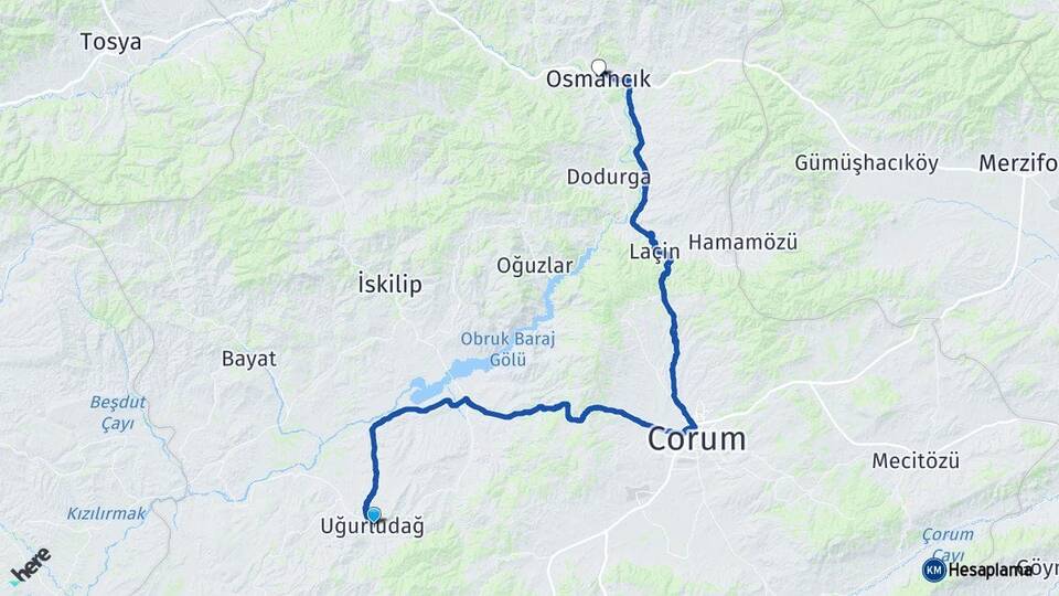 Çorum Uğurludağ Osmancık Arası Kaç Km - Yol Haritası