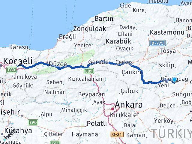 Çorum Uğurludağ Sakarya Arası Kaç Km - Yol Haritası