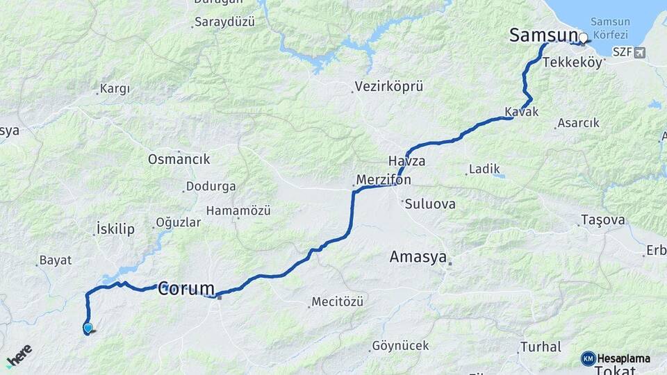 Çorum Uğurludağ Samsun Arası Kaç Km - Yol Haritası
