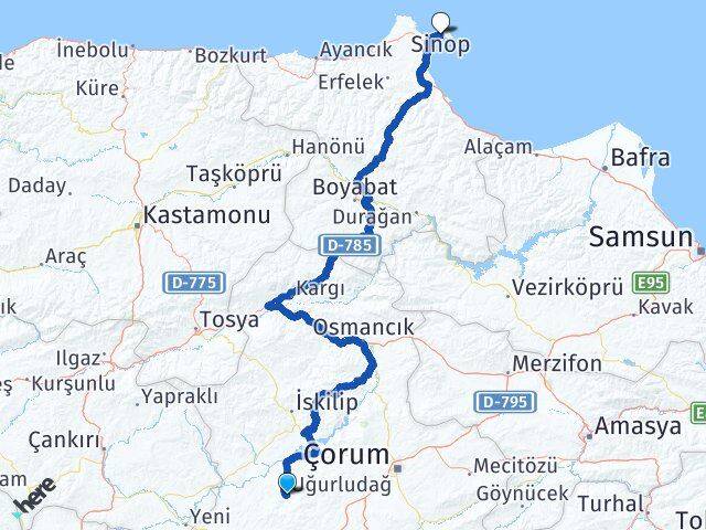 Çorum Uğurludağ Sinop Arası Kaç Km - Yol Haritası