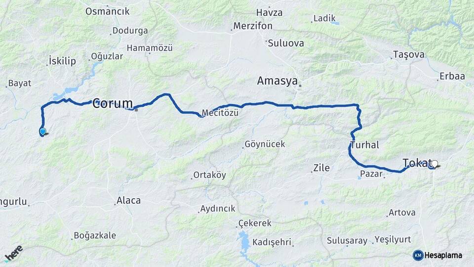 Çorum Uğurludağ Tokat Arası Kaç Km - Yol Haritası