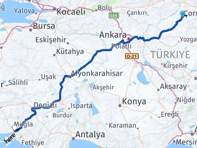 Çorum Ula Muğla Arası Kaç Km - Yol Haritası