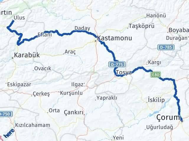Çorum Ulus Bartın Arası Kaç Km - Yol Haritası