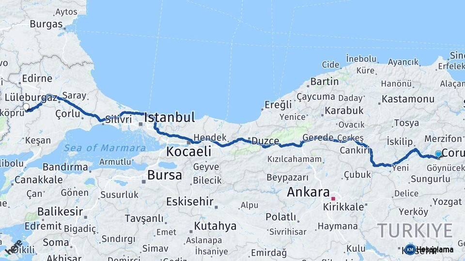 Çorum Uzunköprü Edirne Arası Kaç Km - Yol Haritası