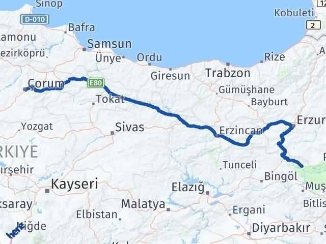 Çorum Varto Muş Arası Kaç Km - Yol Haritası