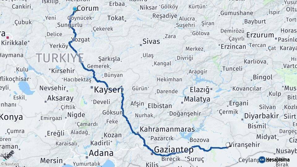 Çorum Viranşehir Şanlıurfa Arası Kaç Km - Yol Haritası