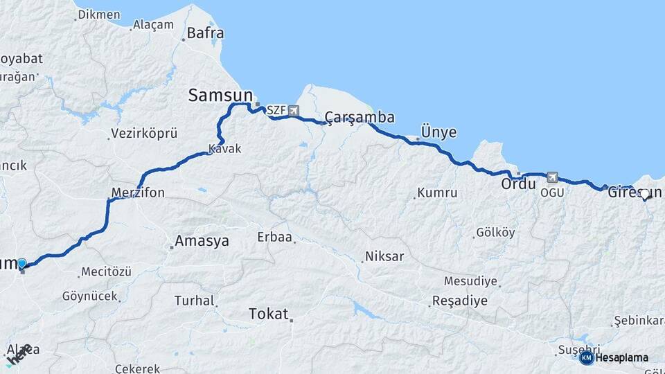Çorum Yağlıdere Giresun Arası Kaç Km - Yol Haritası