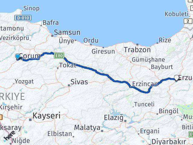 Çorum Yakutiye Erzurum Arası Kaç Km - Yol Haritası