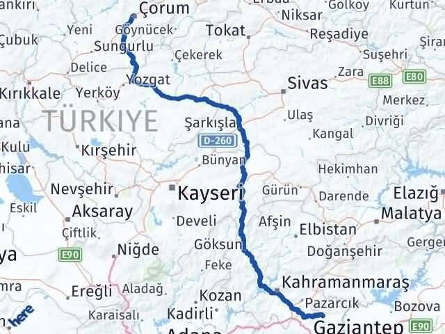 Çorum Yavuzeli Gaziantep Arası Kaç Km - Yol Haritası
