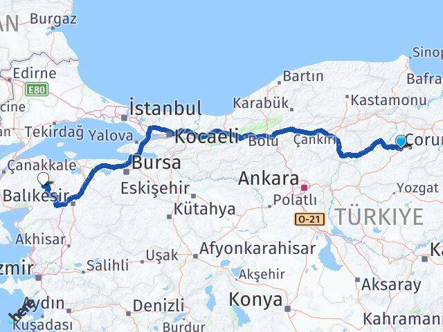 Çorum Yenice Çanakkale Arası Kaç Km - Yol Haritası
