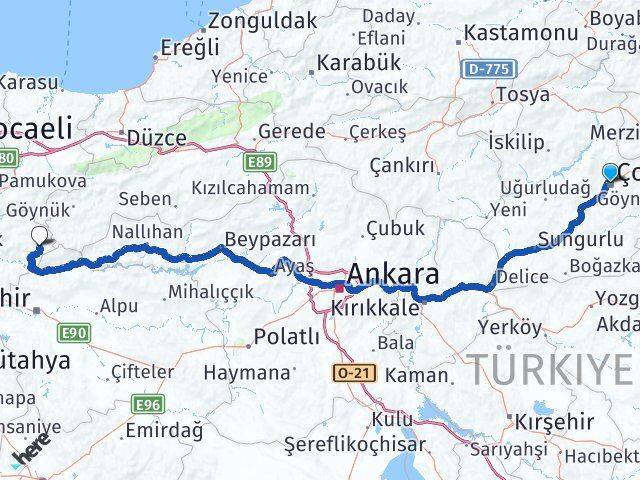 Çorum Yenipazar Bilecik Arası Kaç Km - Yol Haritası