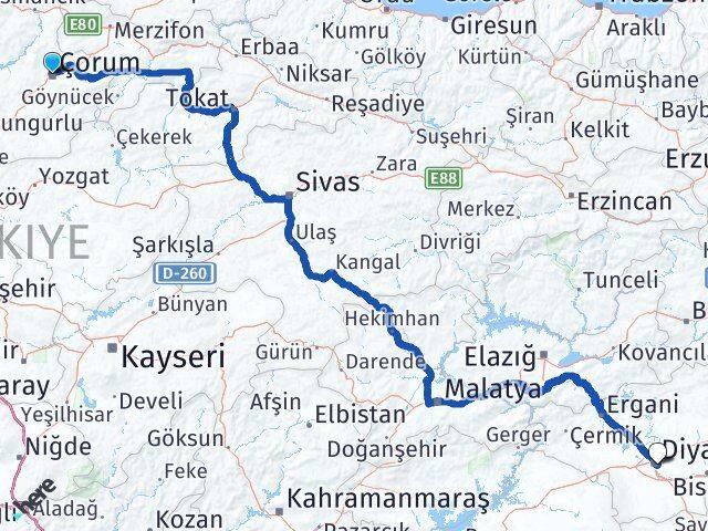 Çorum Yenişehir Diyarbakır Arası Kaç Km - Yol Haritası