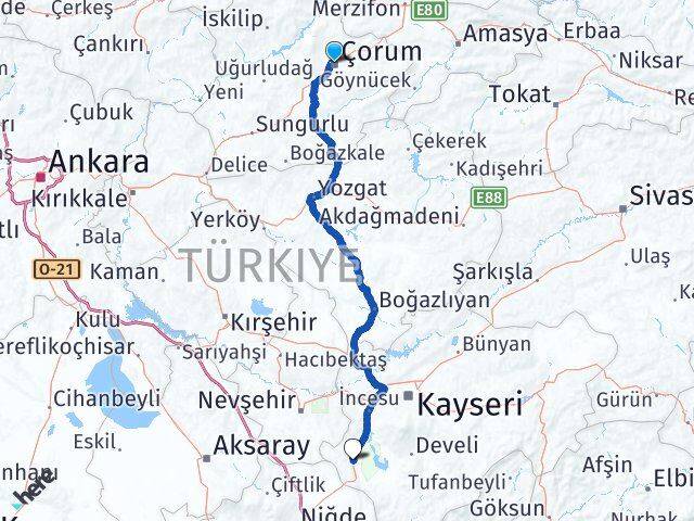 Çorum Yeşilhisar Kayseri Arası Kaç Km - Yol Haritası