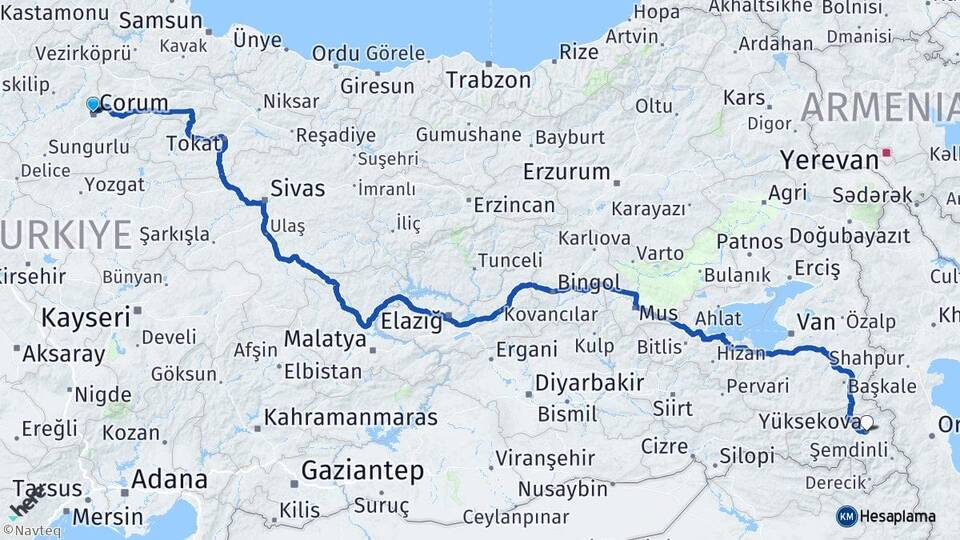 Çorum Yüksekova Hakkari Arası Kaç Km - Yol Haritası