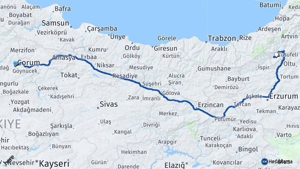 Çorum Yusufeli Artvin Arası Kaç Km - Yol Haritası