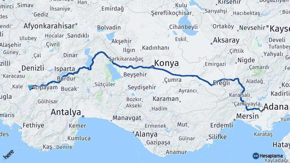 Denizli Acıpayam Adana Arası Kaç Km - Yol Haritası