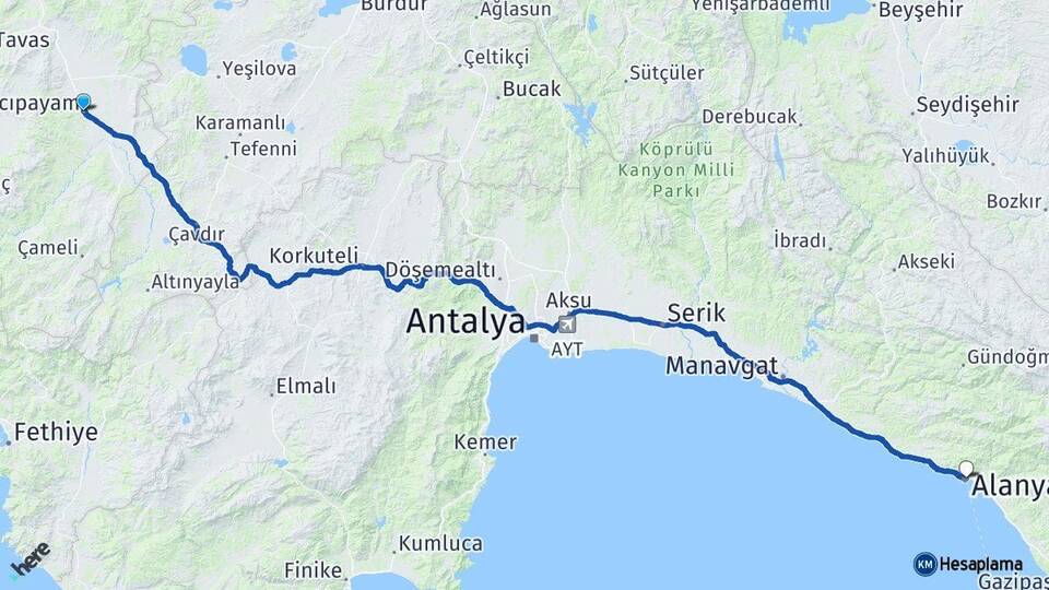 Denizli Acıpayam Alanya Antalya Arası Kaç Km - Yol Haritası