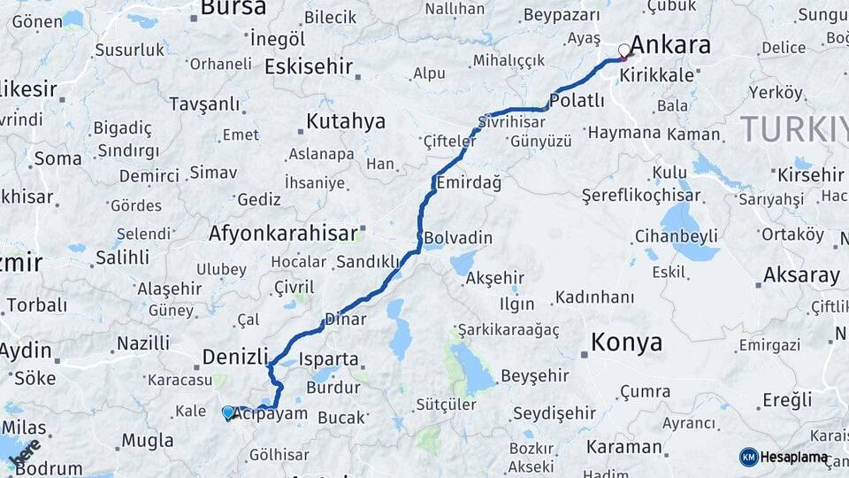 Denizli Acıpayam Ankara Arası Kaç Km - Yol Haritası