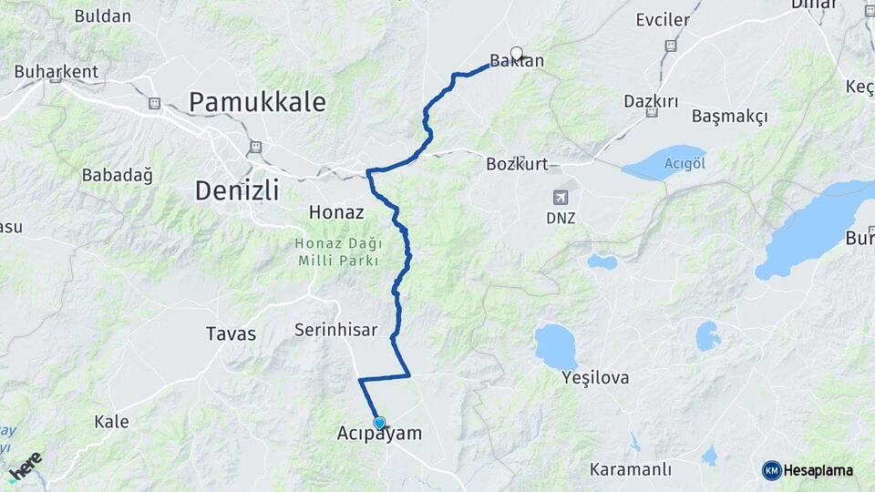 Denizli Acıpayam Baklan Arası Kaç Km - Yol Haritası