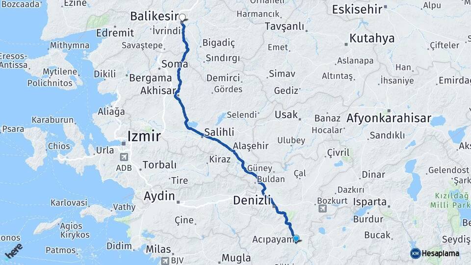 Denizli Acıpayam Balıkesir Arası Kaç Km - Yol Haritası