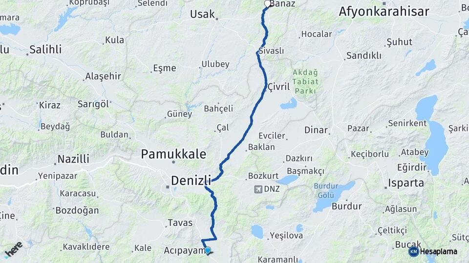 Denizli Acıpayam Banaz Uşak Arası Kaç Km - Yol Haritası