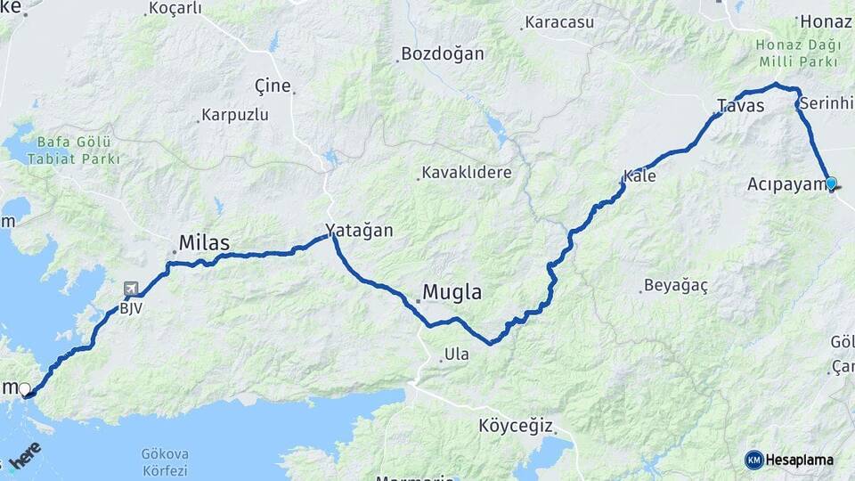 Denizli Acıpayam Bodrum Muğla Arası Kaç Km - Yol Haritası