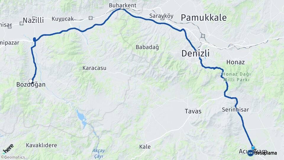 Denizli Acıpayam Bozdoğan Aydın Arası Kaç Km - Yol Haritası