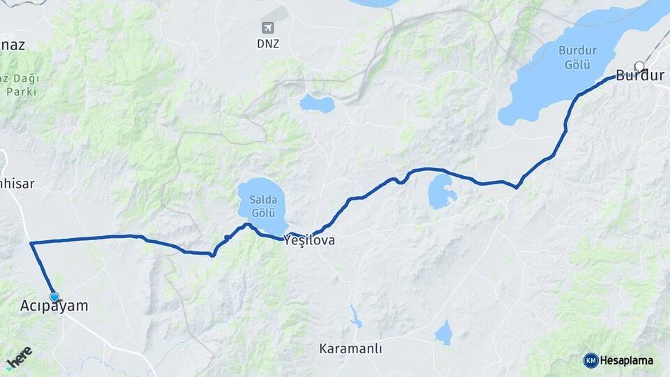 Denizli Acıpayam Burdur Arası Kaç Km - Yol Haritası