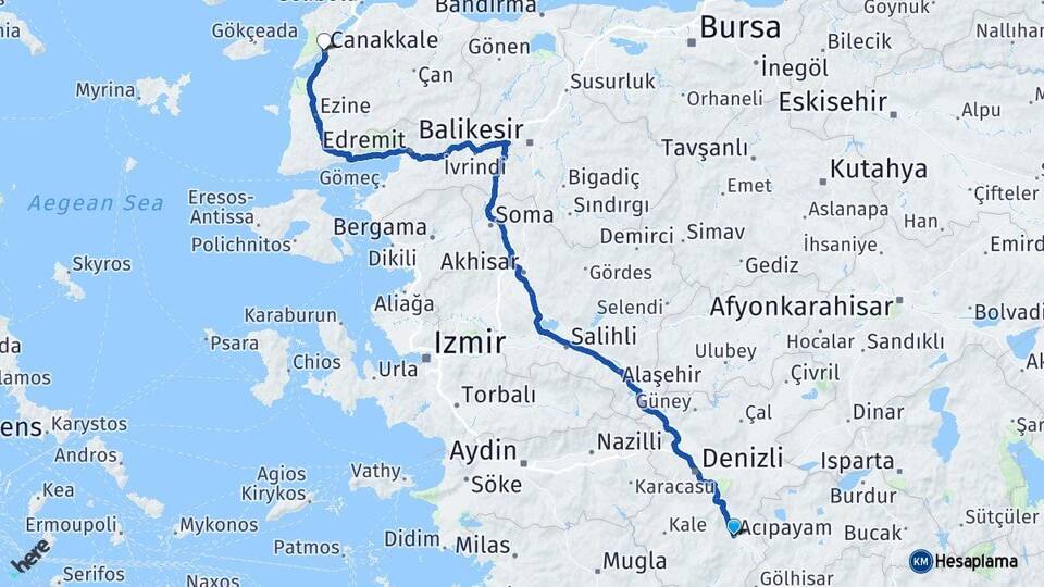 Denizli Acıpayam Çanakkale Arası Kaç Km - Yol Haritası