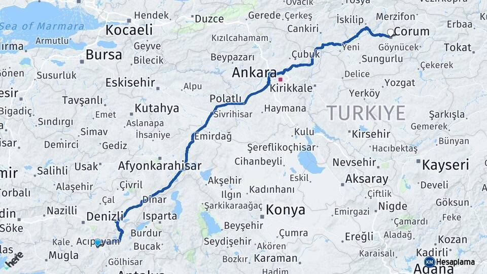 Denizli Acıpayam Çorum Arası Kaç Km - Yol Haritası