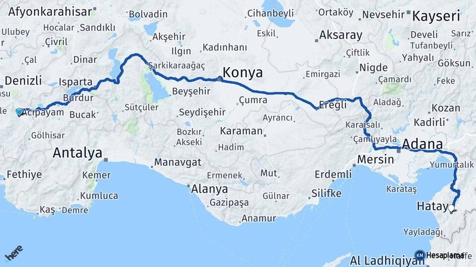 Denizli Acıpayam Hatay Arası Kaç Km - Yol Haritası