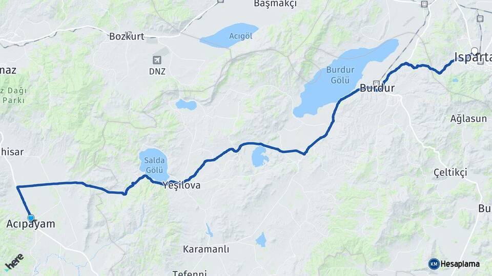 Denizli Acıpayam Isparta Arası Kaç Km - Yol Haritası