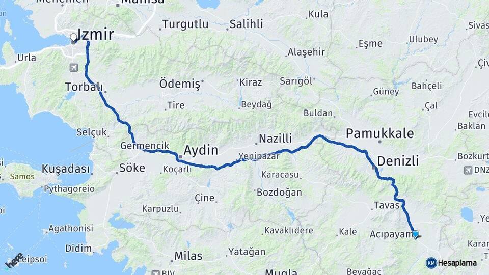Denizli Acıpayam İzmir Arası Kaç Km - Yol Haritası