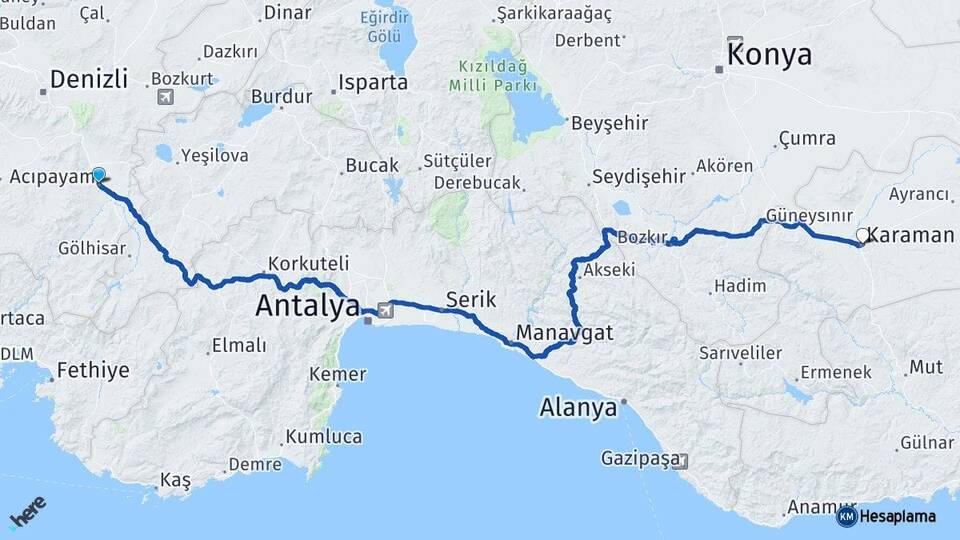 Denizli Acıpayam Karaman Arası Kaç Km - Yol Haritası
