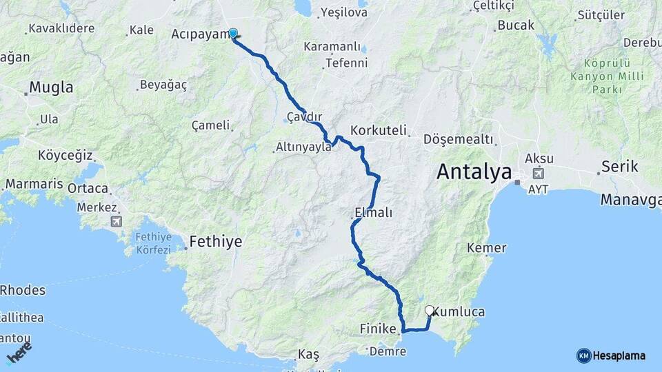 Denizli Acıpayam Kumluca Antalya Arası Kaç Km - Yol Haritası