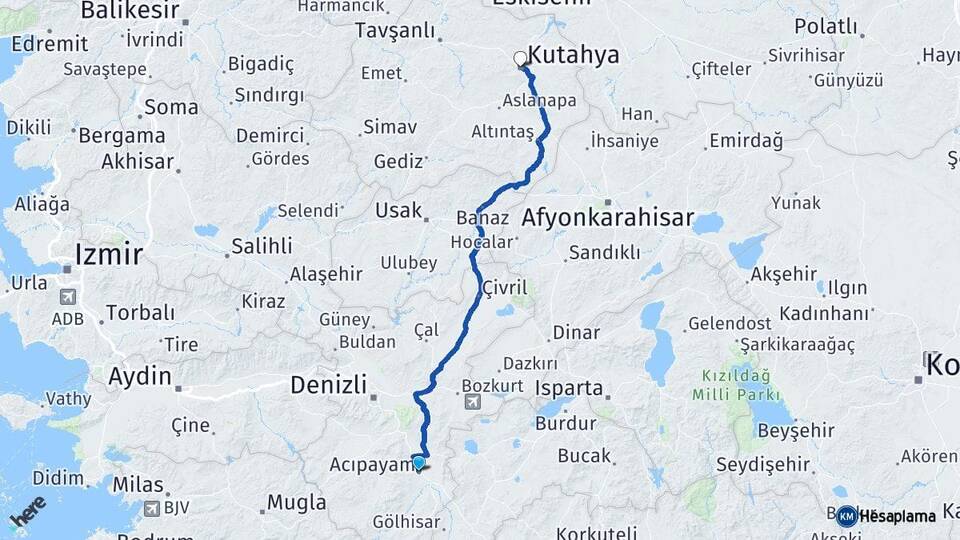 Denizli Acıpayam Kütahya Arası Kaç Km - Yol Haritası