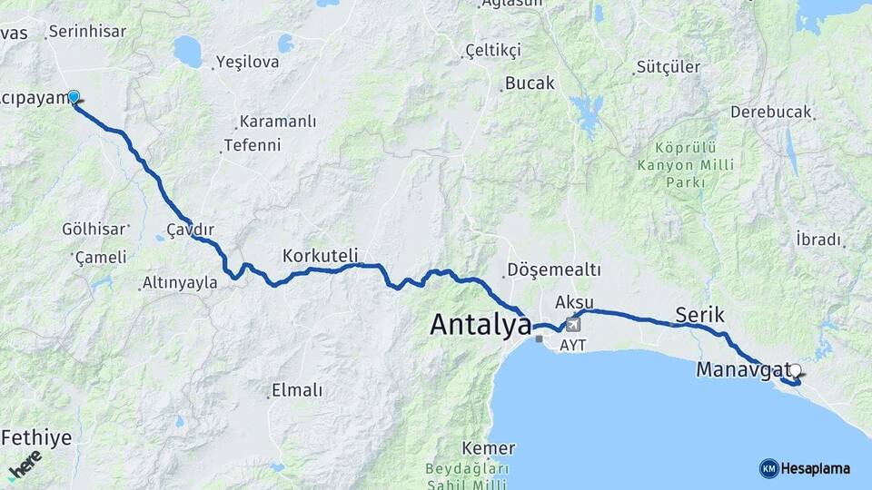 Denizli Acıpayam Manavgat Antalya Arası Kaç Km - Yol Haritası