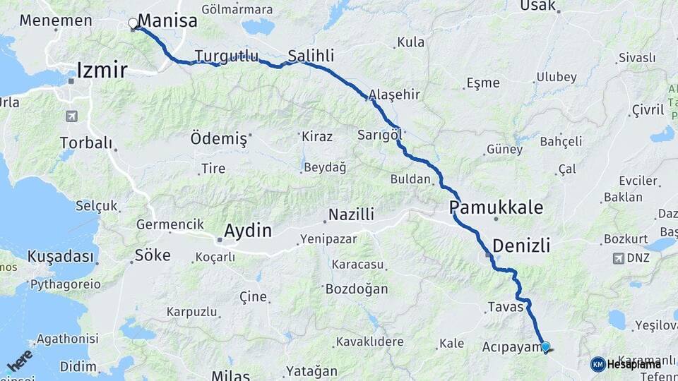Denizli Acıpayam Manisa Arası Kaç Km - Yol Haritası